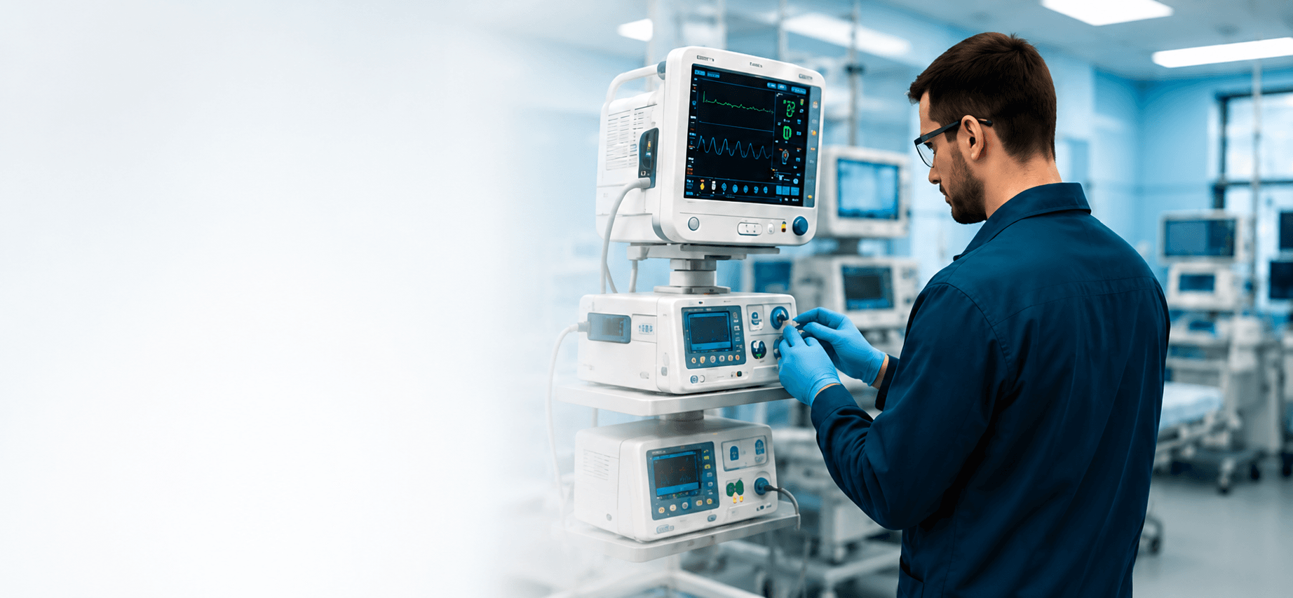 Profissional técnico avaliando equipamento médico-hospitalar em ambiente clínico