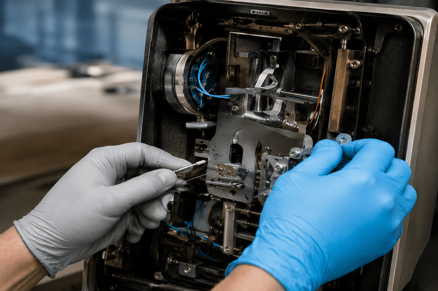 Técnico realizando manutenção em equipamento hospitalar