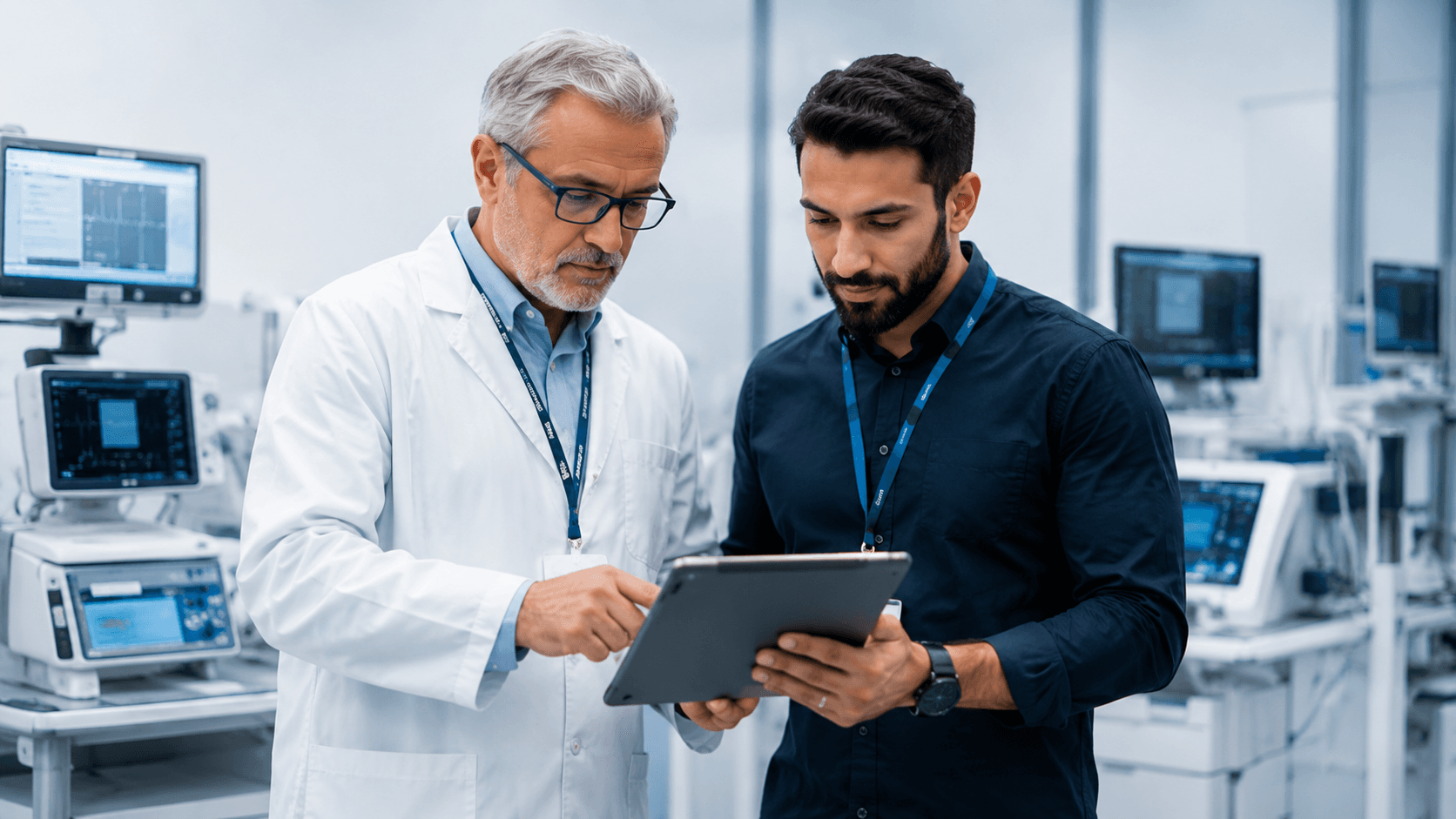 Especialistas avaliando indicadores técnicos em ambiente hospitalar
