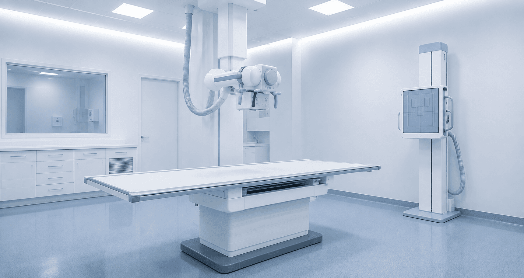 Sala de radiologia digital com mesa de exames