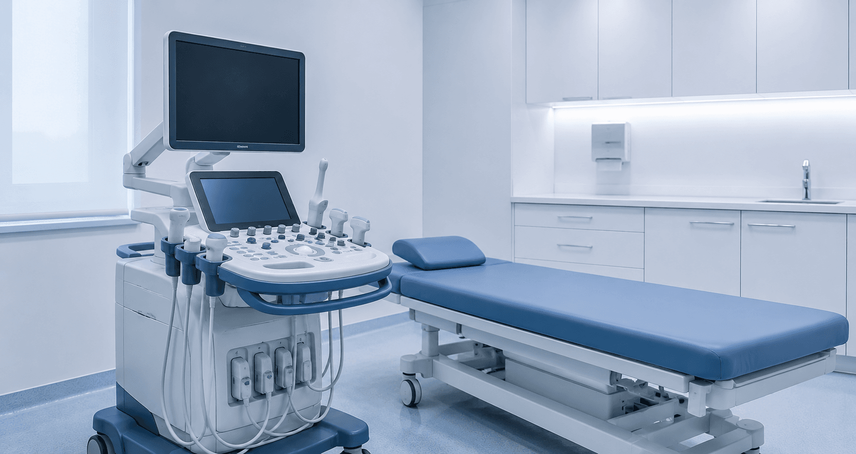 Equipamento de ultrassonografia ao lado de maca clínica