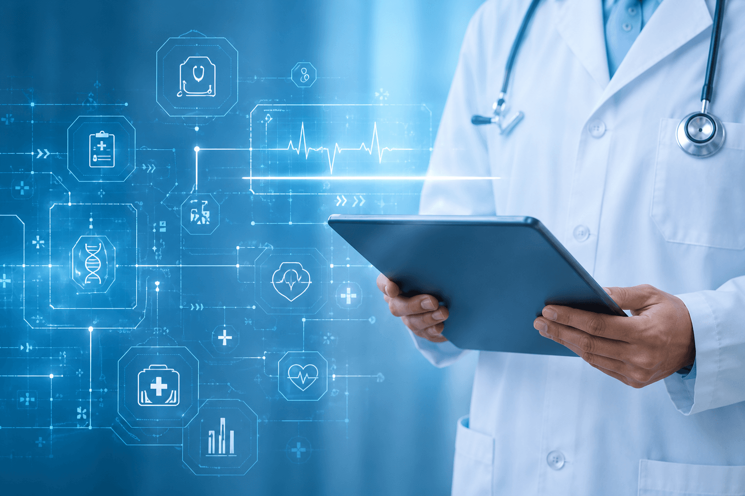 Profissional utilizando tablet para gestão de tecnologia hospitalar