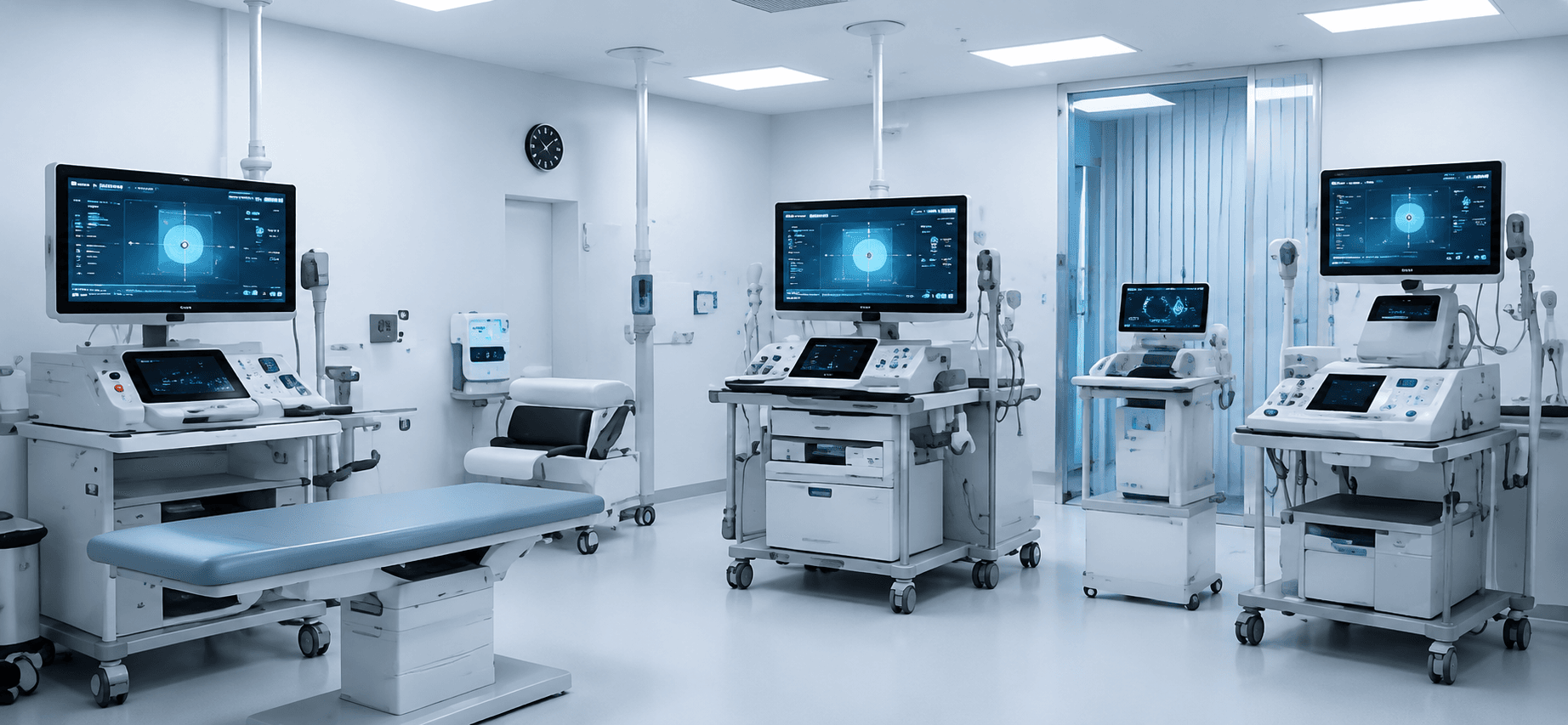 Infraestrutura hospitalar moderna com equipamentos clínicos em ambiente de saúde